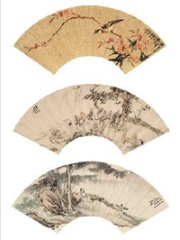 王素 花鸟 树下休闲 树下高仕（三幅） 扇面镜心